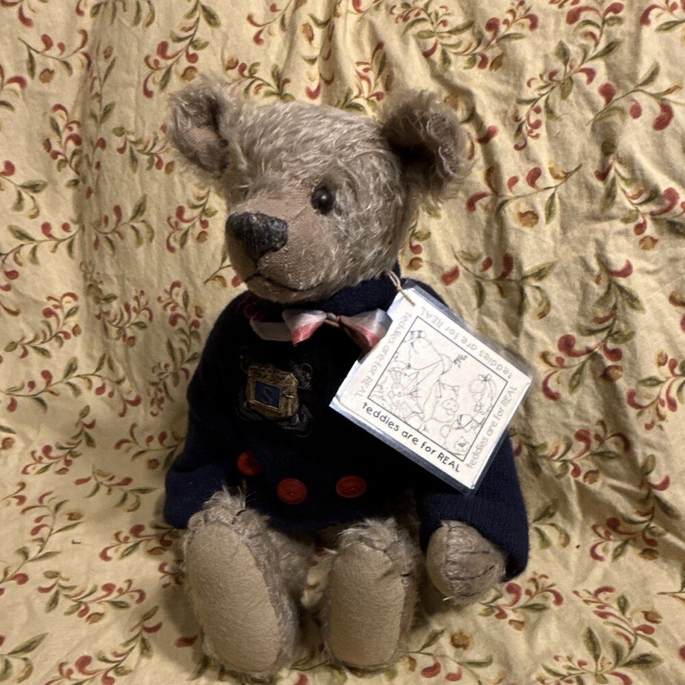OOAK Plush Artist Teddy Bear w/ Navy Sweater, Ribbon Bow, Hang Tag, Black Eyes